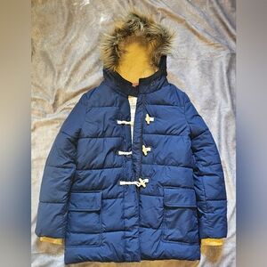 Navy Blue Kids Puffer Jacket with Faux Fur Hood
